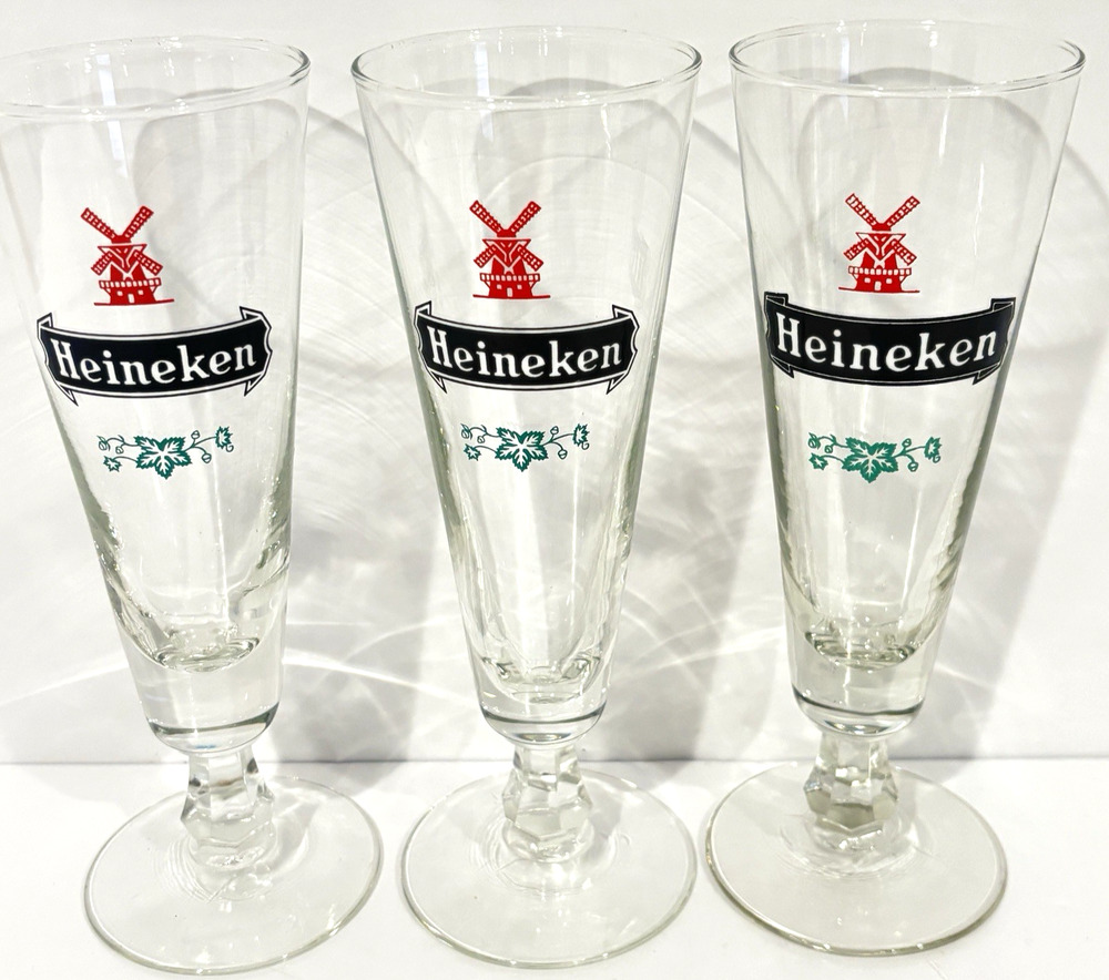 Vintage Heineken Fluted Pilsner Beer Glasses Red Windmill Lot of 3 Bier Stemmed